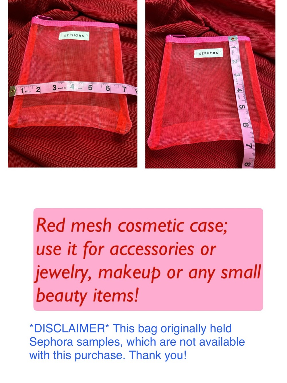 Sephora Red Mesh Pouch, with assorted beauty accessories from Avon & Trim. - Picture 2 of 11